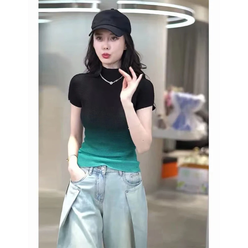 

Slim Fit f High Ne ort Sve T-irt Knitwear adient Color Thin Ice Summer Thin Base Top Women's Faion Sun Protec...