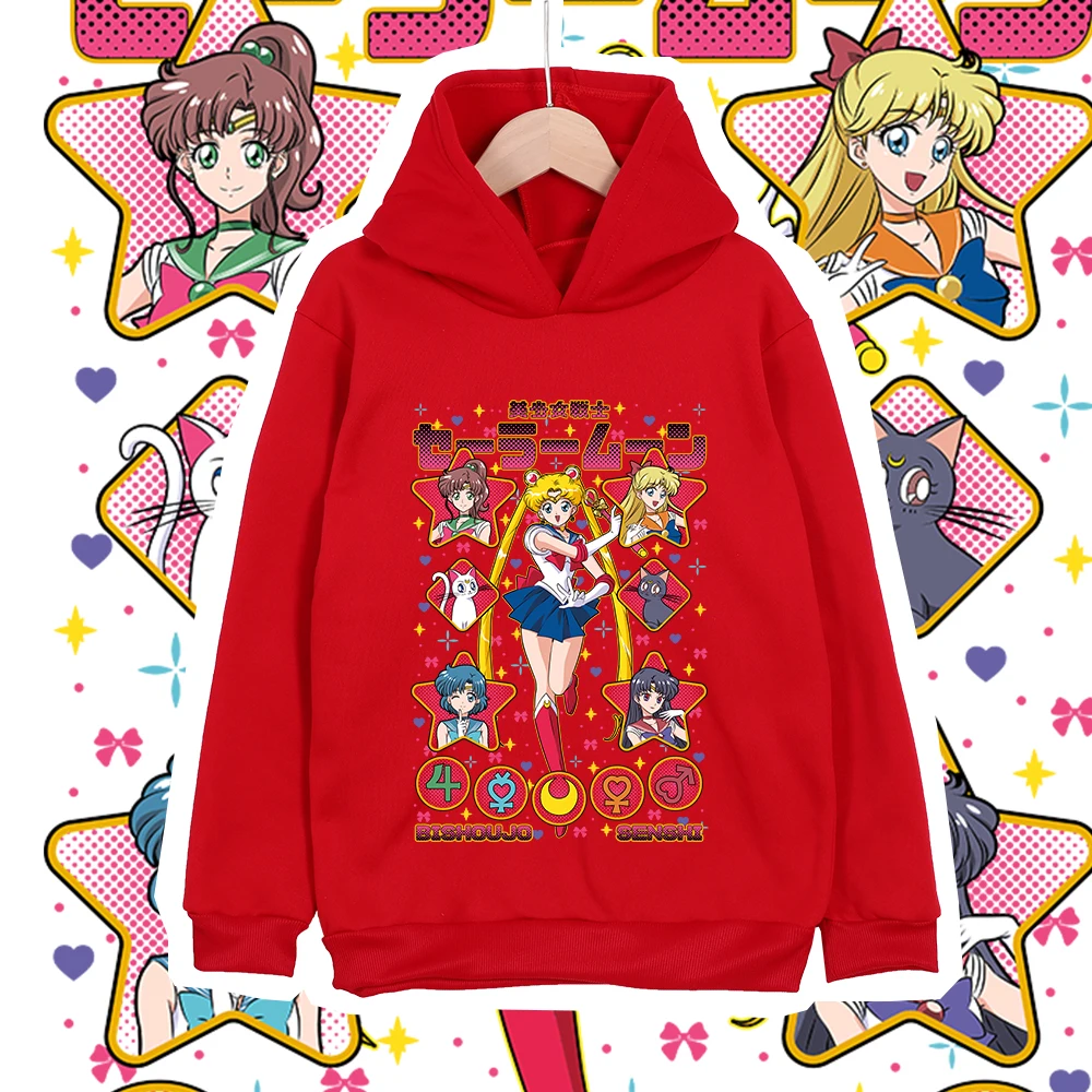 Kinder Anime Baumwoll-T-Shirt Sailor Moon Charaktere Druck Unisex Hoodie Sweatshirt für Jungen Mädchen 100-160cm Körpergröße – Detail 7