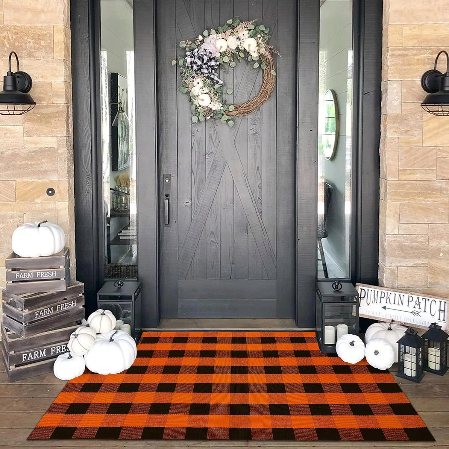 

Thanksgiving Washable Fall Doormat Layered Front Door Mat for Porch/Farmhouse/Entryway/Patio Orange Rug Christmas Decor