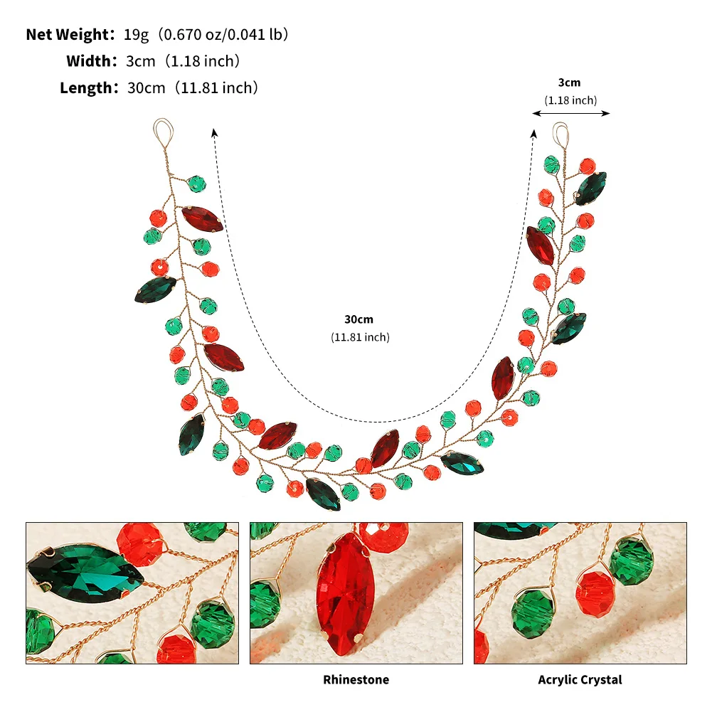 عيد الميلاد كريستال هيرباند موضة مجوهرات الحفلات إكسسوارات الشعر للنساء كلاسيكي أخضر أحمر مطرز الفتاة عقال تيارا #6