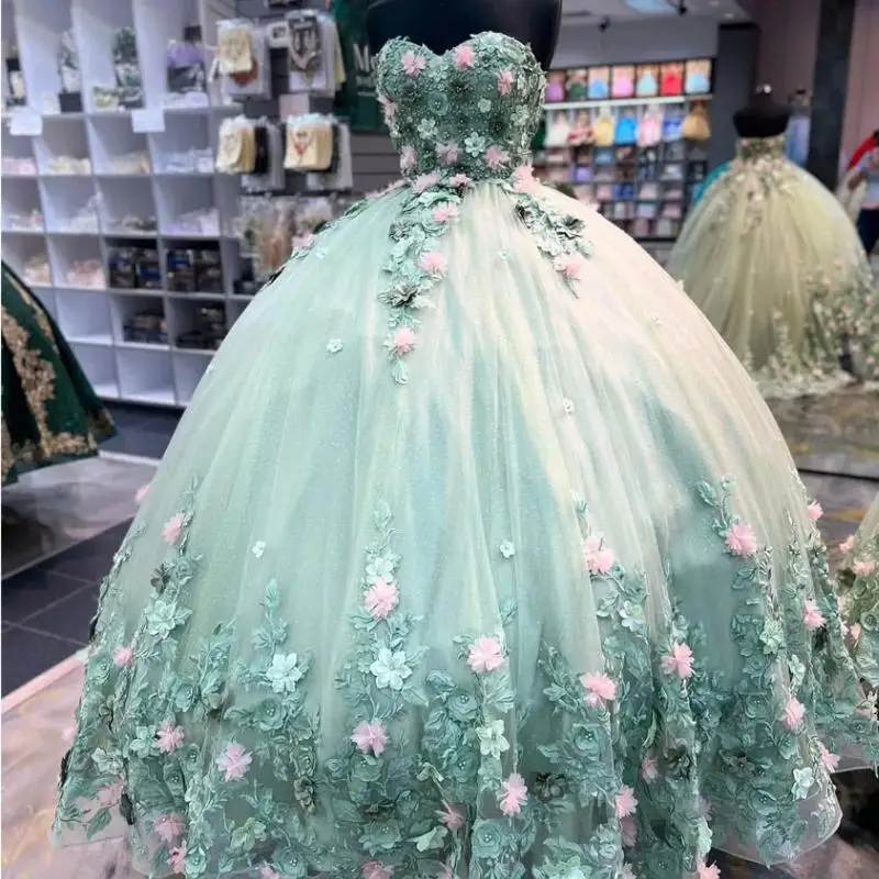 

Sage Green 3D Flowers Quinceanera Dresses Appliques Sparkly Crystal Sweet 16th Prom Party Vestidos Customized