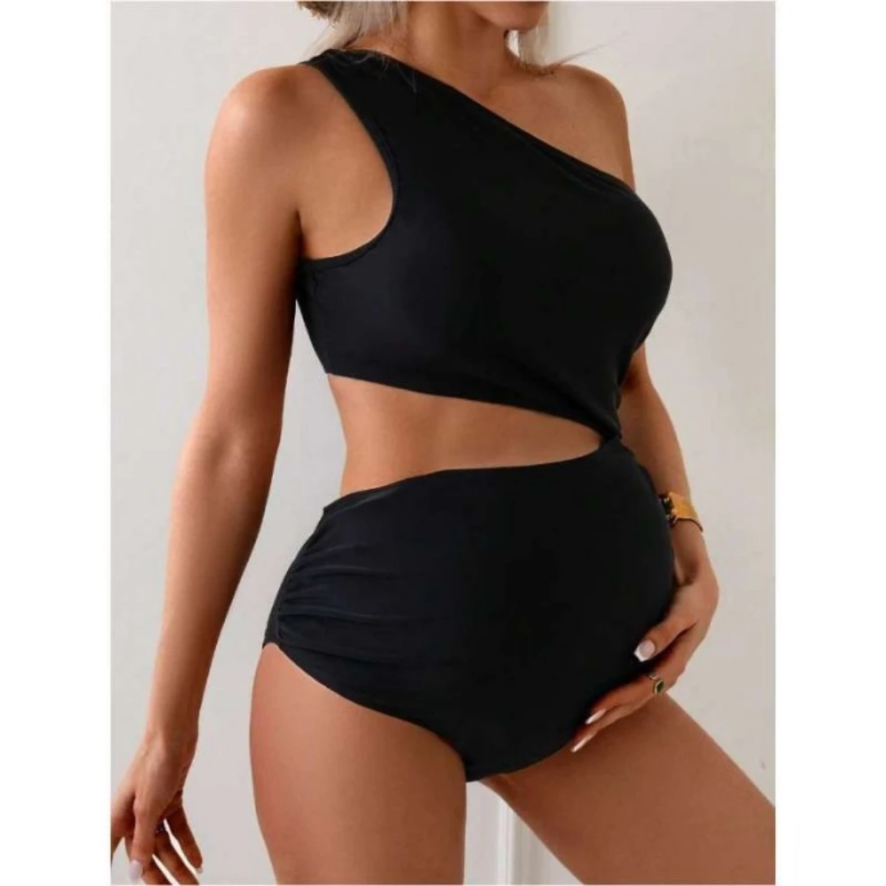 

Maternity Swimwear Dress Solid One-Shoulder Cutout Waist Sexy Bodycon Swimsuit for Pregnant Women Maternity Swimsuit ES263171D