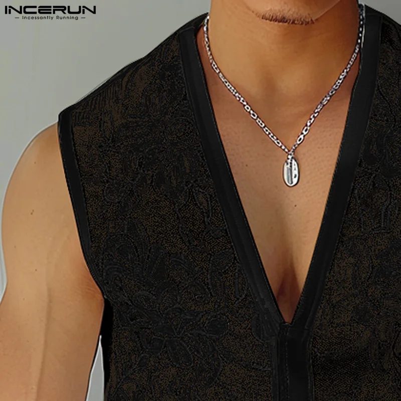 INCERUN Tops 2024 American Style New Men\'s V-neck Lace Print Perspective Vests Sexy Fashion Male Thin sleeveless Tank Tops S-5XL