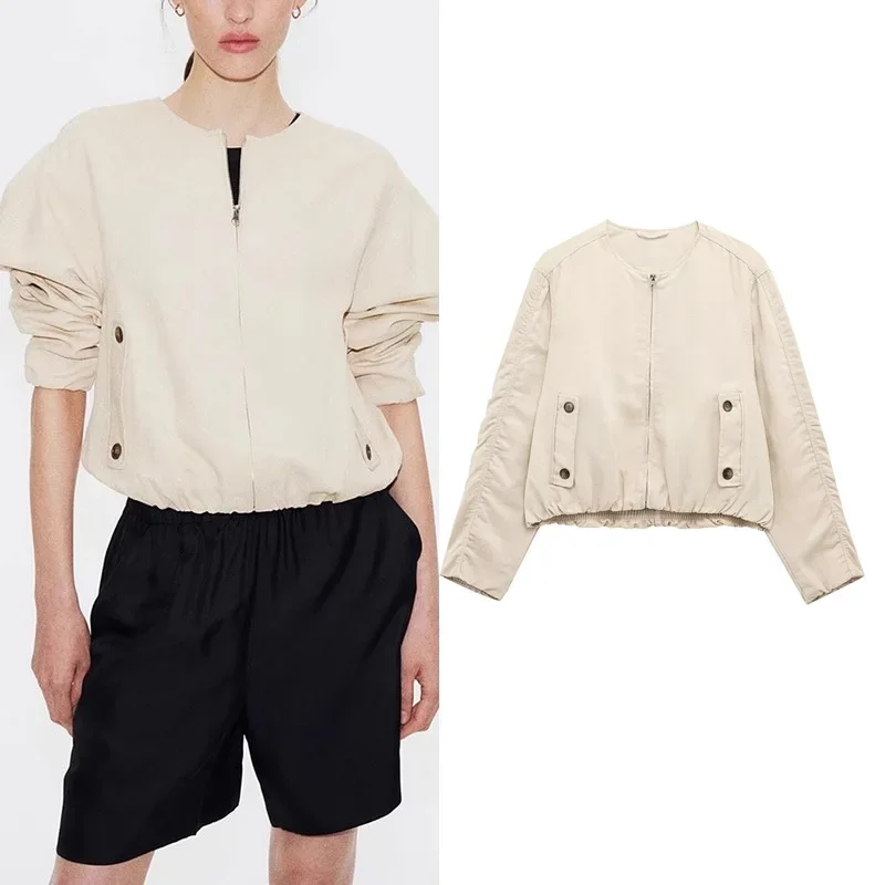 

Fangokv Women's Bomber Jackets Coats Fashion O-Neck Long Sleeve Coats Spring 2025 Casual Female Outerwear Chic Tops