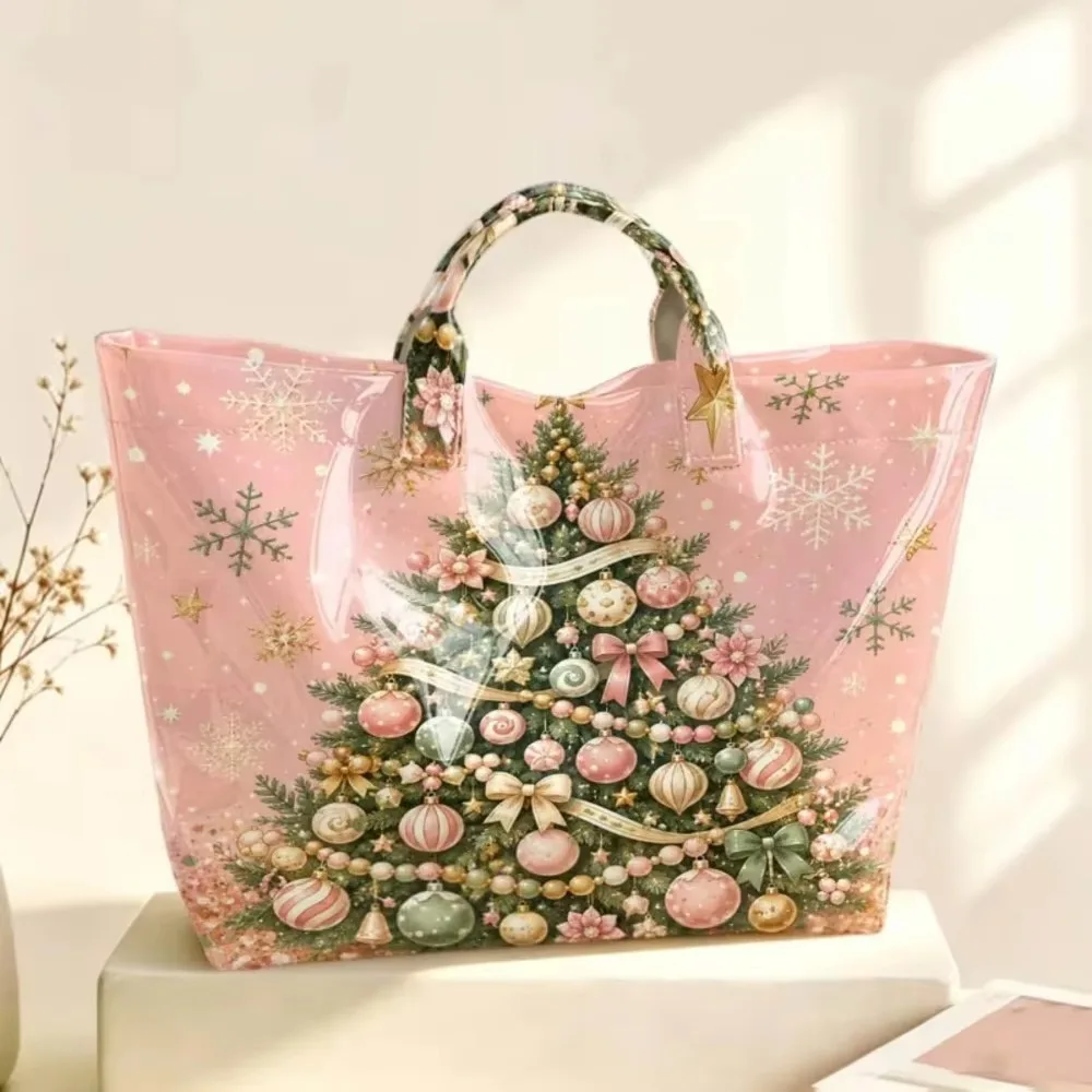 Waterproof Christmas Print PVC Tote Bag Vintage Large Capacity Holiday Beach Tote Portable Glossy Commute Tote Bag Beach