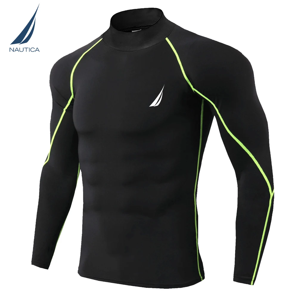 Nautica Men's High Neck Tight Long Sleeve Shirt Gym Training Quick-Dry Sports Running Compression Top Sports T-Shirt