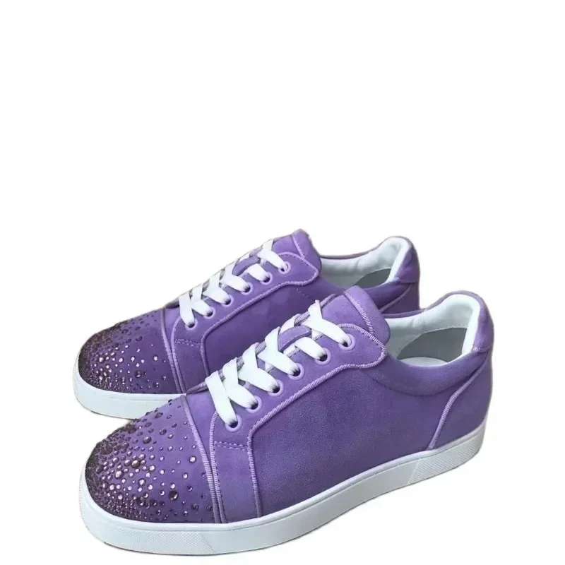 Fashion Luxury Low Top Men Trainers Driving Spiked Purple Suede Genuine Leather Wedding Rivets Crystal ToecaFlats Sneakers Shoes