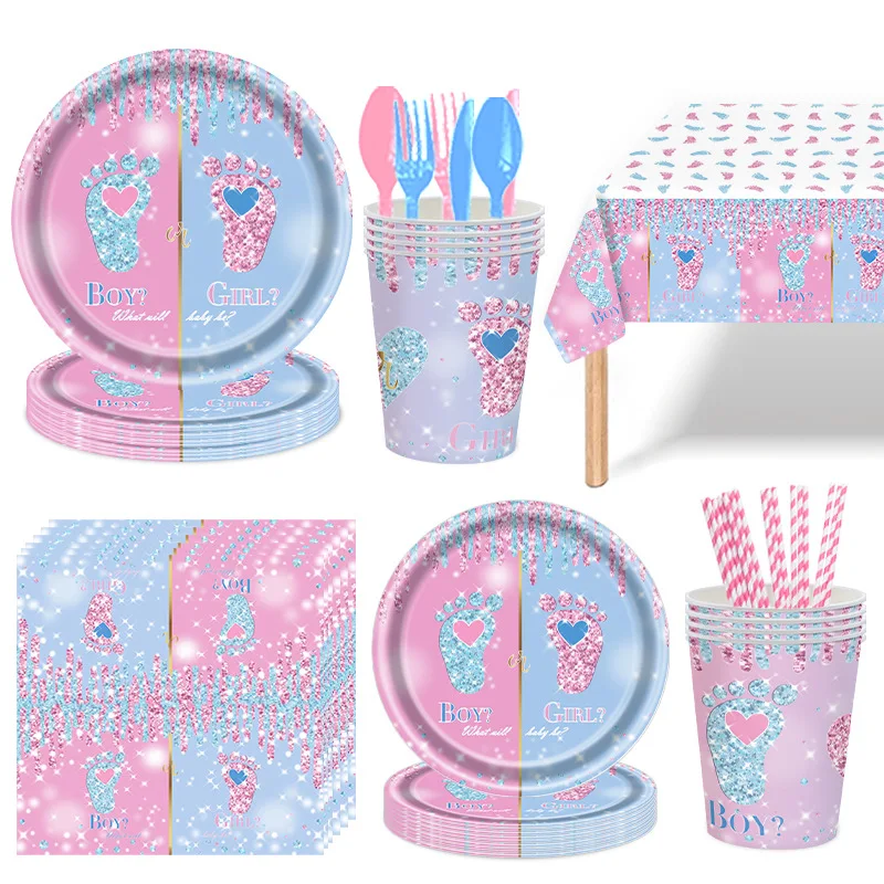 Baby Shower Gender Reveal Party Decoration Set, Disposable Paper Plates, Paper Cup, Feet Themed, Boys and Girls