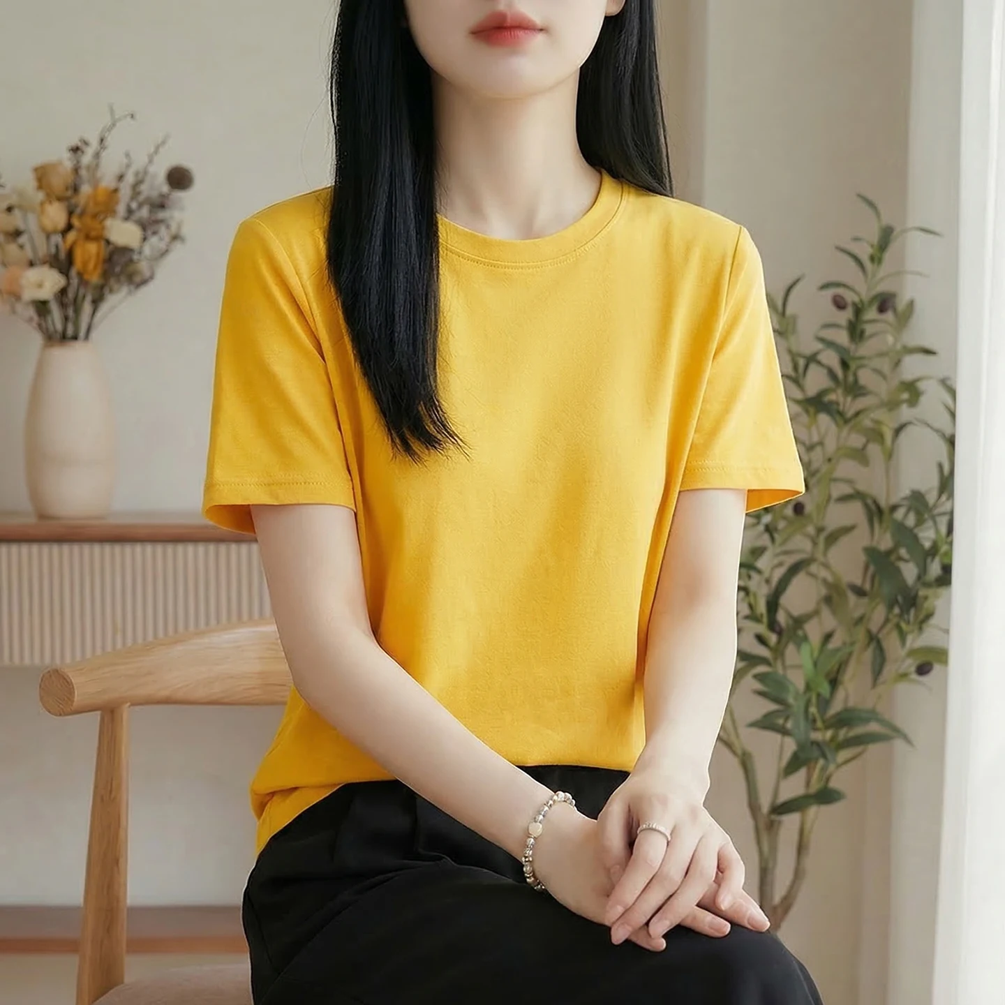 Mercerized Cotton Short Sleeve T-Shirt Men's Woman Round Neck Liquid Summer Business Cotton Loose Solid Color Tops