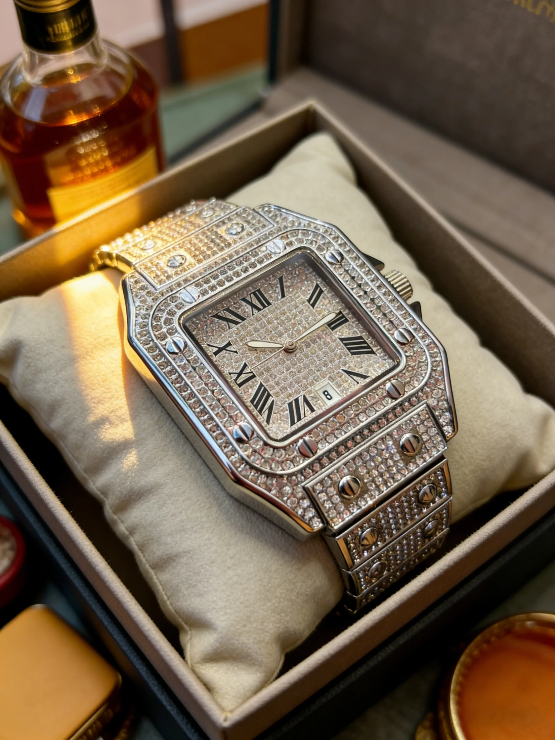 Hip-Hop Style Men's Full Diamond Watch, Square Dial with Roman Numerals, Dazzling and Eye-Catching, Diamond-Encrusted Design, Quartz Movement, Waterproof Feature, with Date Display, Suitable for Everyday Wear in a Hip-Hop Style and for Nightclub Outfits