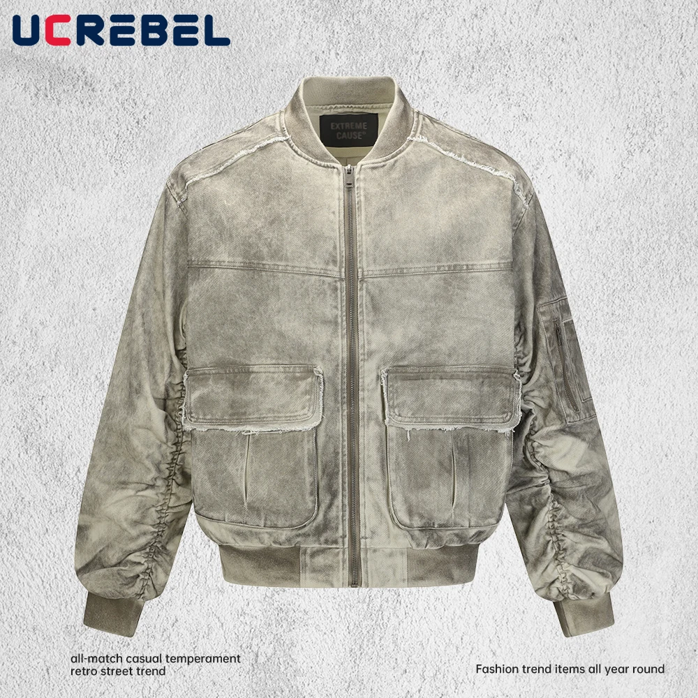 

Retro Distressed Cargo Jacket Mens Pocket Autumn High Street Stand Collar Pleated sleeves Outerwear Man