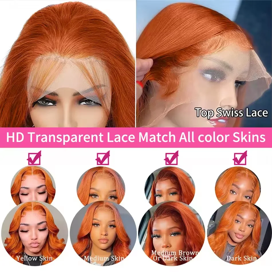 Gengibre laranja 13x4 perucas frontais do laço cabelo humano 200% densidade peruca onda do corpo 350 cor perucas de cabelo humano pré arrancadas 100% cabelo humano