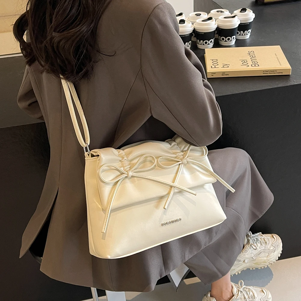 Women Bowknot Pu Shoulder Bag Large Capacity Bag With Adjustable Shoulder Strap Shopping Bag Stylish Fashion Solid Color Handbag