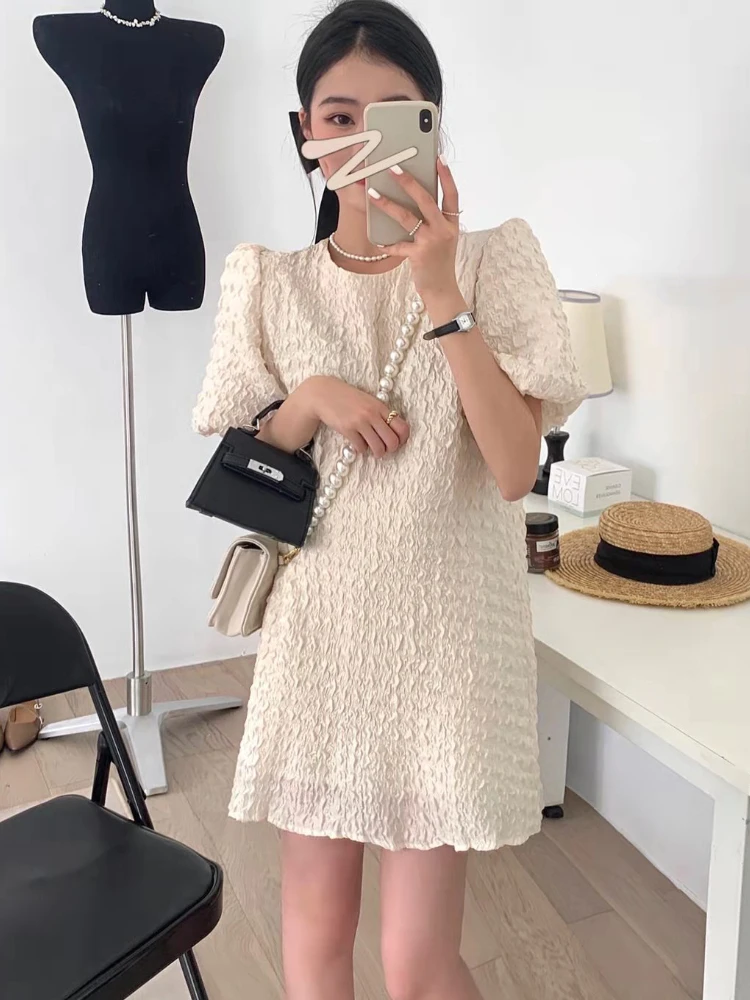 Korobov Summer Dress Temperament Crewneck Loose Puff Sleeve Dresses for Women Fold Design Short Skirt Korean Fashion Vestidos