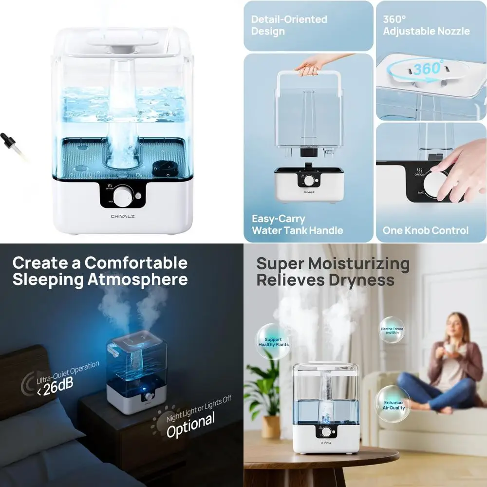 

Увлажнитель воздуха с холодным туманом 6 л для больших помещений, с верхней заливкой, для спален, детских комнат, растений, ультратихий (26 дБ), ночник, 50 часов работы, Oi