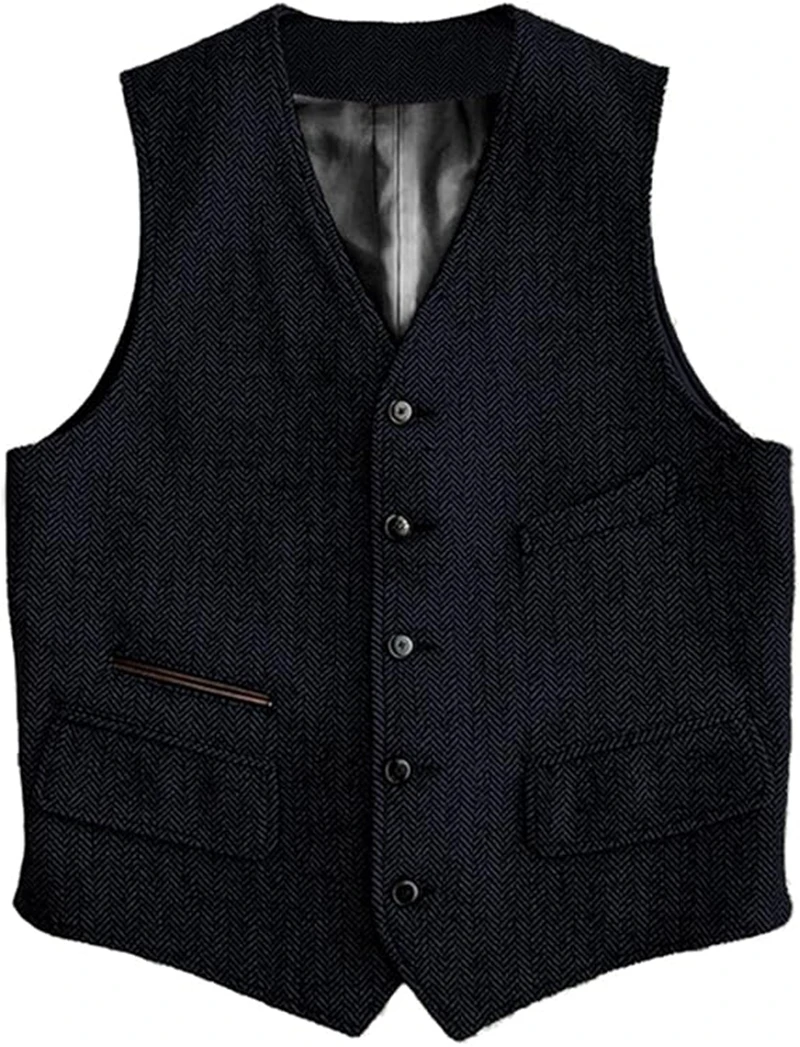 Mens Vintage Classic Herringbone Pattern Suit Vest V Neck Casual Wool Blend Waistcoat for Men