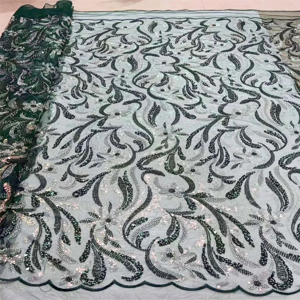 5 yard kain renda Afrika jaring Tulle renda manik-manik 2024 kain payet emas kualitas tinggi Nigeria untuk gaun malam pernikahan Sewin