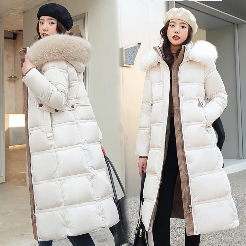 Women's Mid-Length Cotton Coat Large Fur Collar Hood Slim Belt Design Warm Winter Outerwear Plus Size Knee-Length Cotton Jacket
