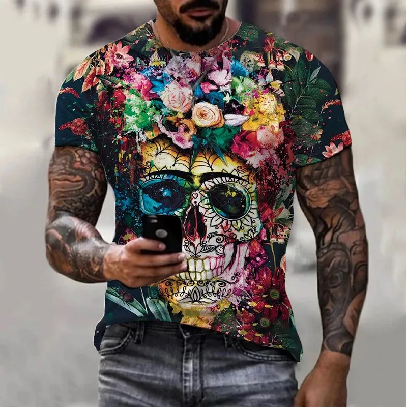 2023 summer New Men\'s Retro round neck T-shirt 3D Print Skull Pattern Trend Fashion Loose  Short Street Sleeve Tops Men Garment