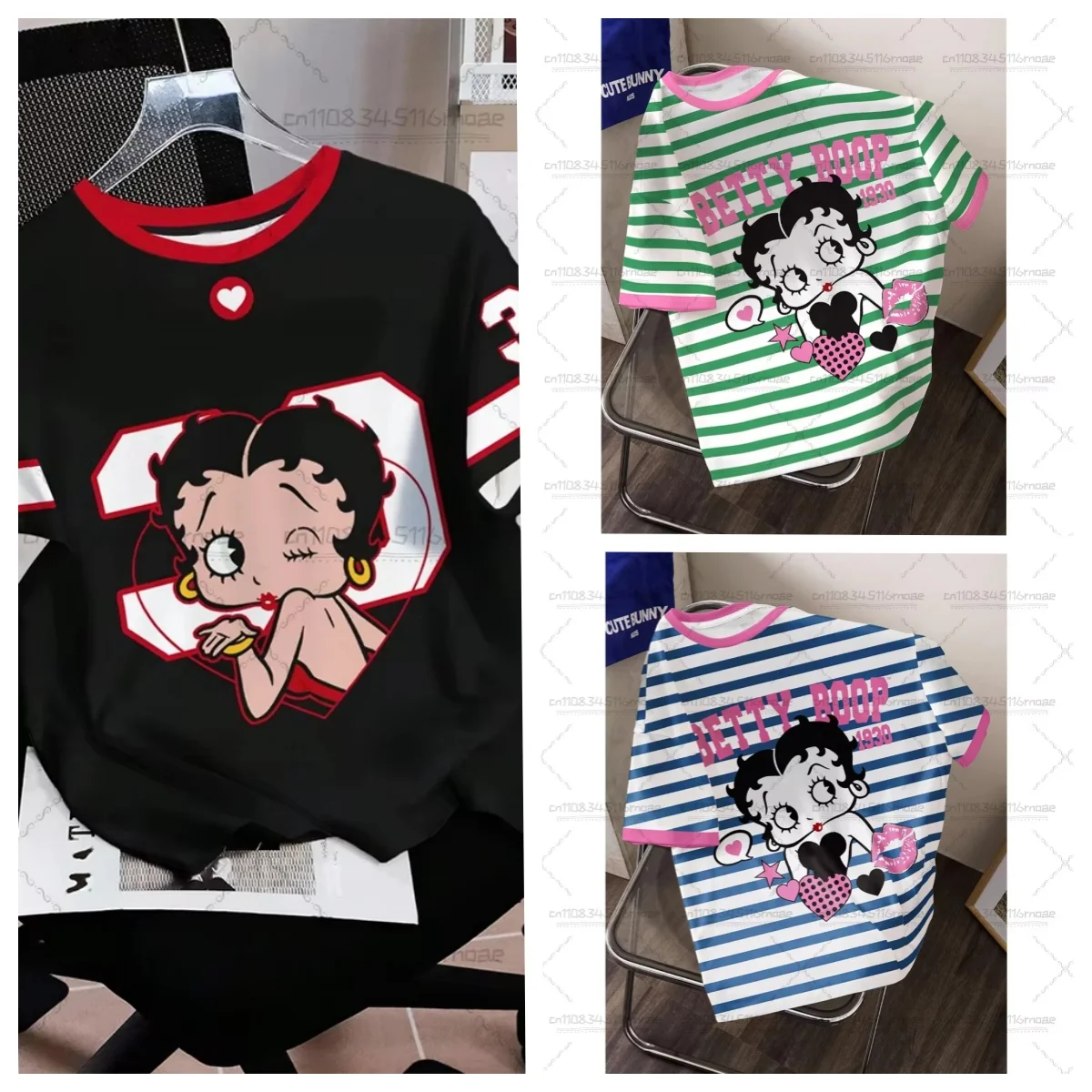 

New Summer Women's Casual Striped Cartoon Pattern O-neck Contrasting Short Sleeved T-shirt For Adults/Children Role-playing Tops