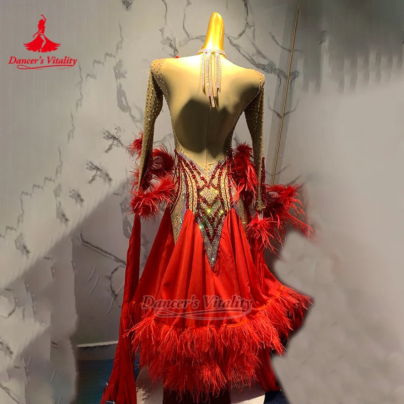 2-color Collocation Feather Waltz Elegant Dress with Necklace Adult Social Dance Long Sleeves Outfit Customize Dancer's Vitality