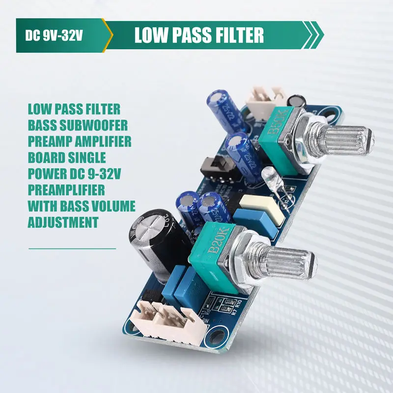 Low Pass Filter Bass Subwoofer Preamp Amplifier Board Single Power DC 9-32V Preamplifier With Bass Volume Adjustment