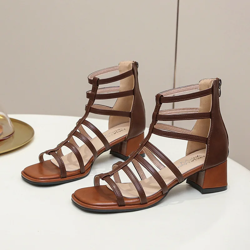Women Summer New High-heeled Platform Boots Women Fashion Square Toe Hollowed Out Sandals Solid Color Sexy Party Dress Sandals