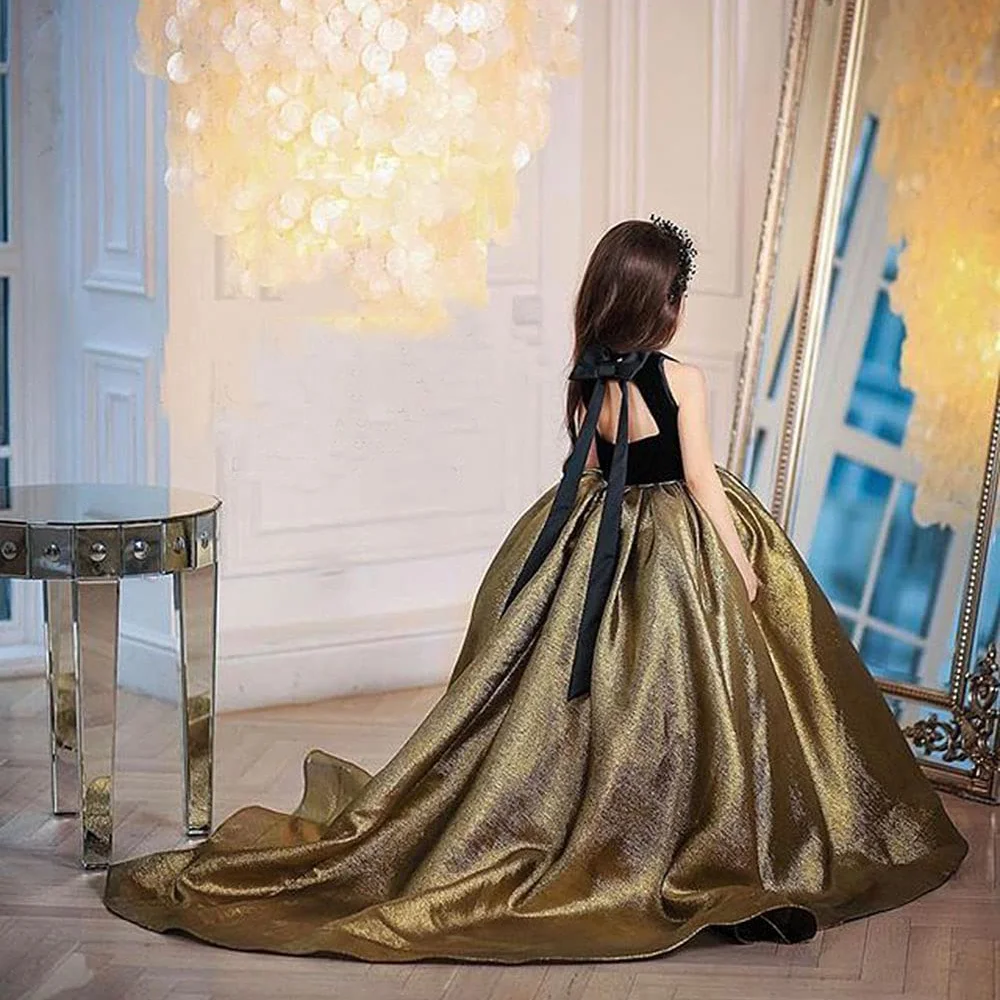 Pageant Gown Black and Gold Dresses Party Wedding Bridesmaid Girl Floor Length Prom Dresses Instrument Performance