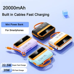 Mini Power Bank 20000mAh 22.5W Fast Charging Built in Cables Powerbank External Battery Charger for iPhone Samsung Huawei Xiaomi