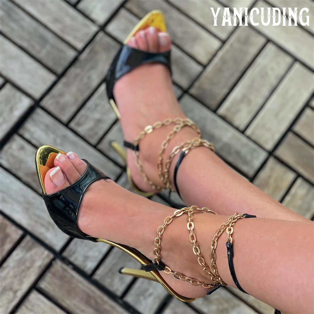 

Black Gold Patent Leather Strappy Sandals Metallic Gold Chain Sexy Stilettos Fashion Style Pointed Toe Summer Sandals for Women