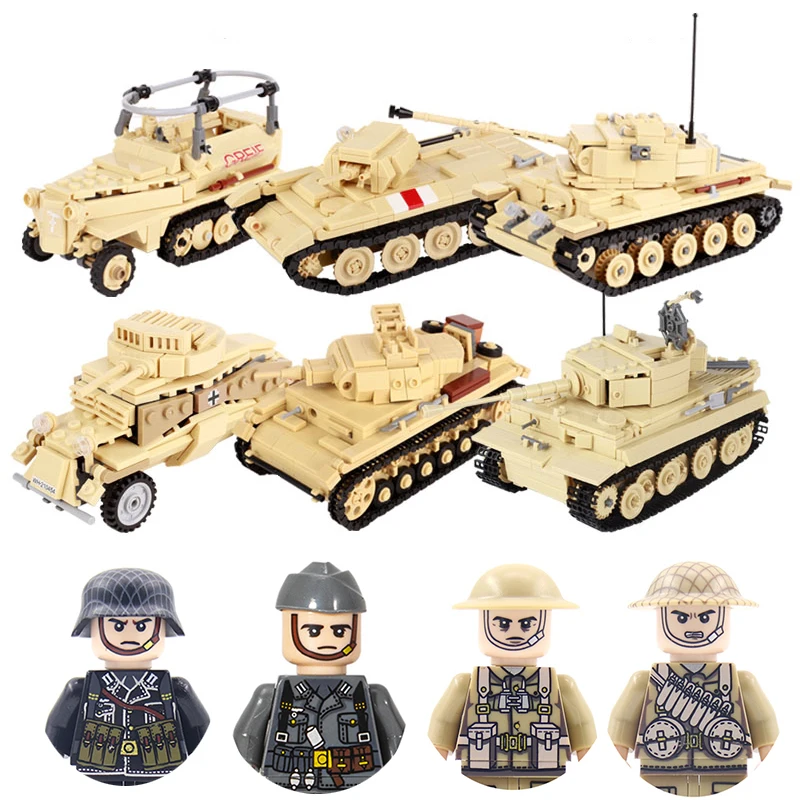 WWII Military North African Campaign Wheeled Armored Vehicle Tank Cannon Soldier Figures Building Blocks Weapon Truck Army Toy