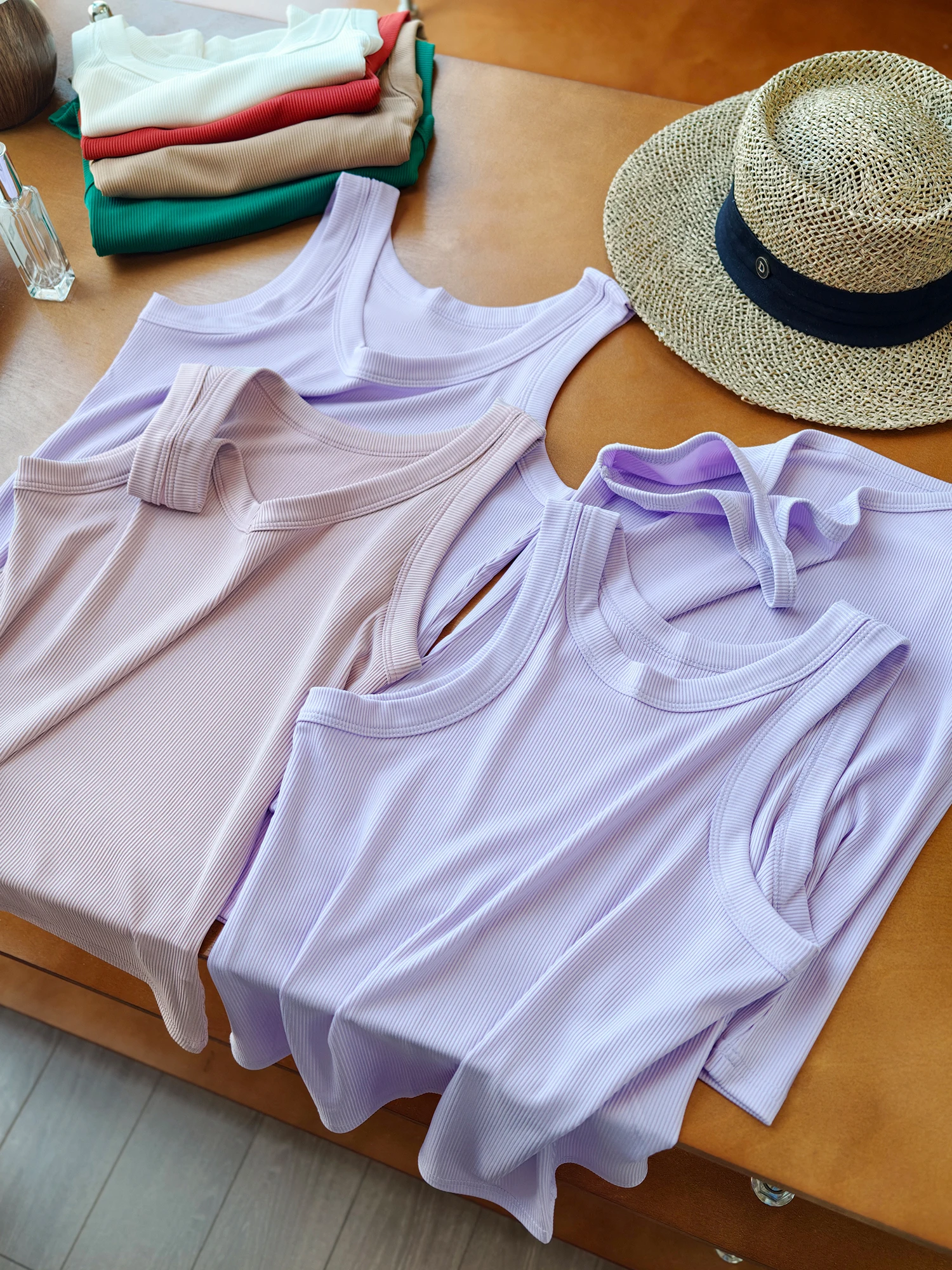 Women's Breathable Sleeveless Top with 4 Different Collar Styles Casual Wear Standard Fit Summer Thin Polyester Blend T-Shirt
