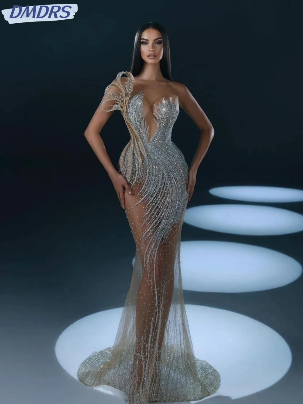 

Glitter Sequins Beads Prom Gown Sexy Illusion Sleeveless Cocktail Dresses Luxury Mermaid Long Evening Dress Robe De Mariée