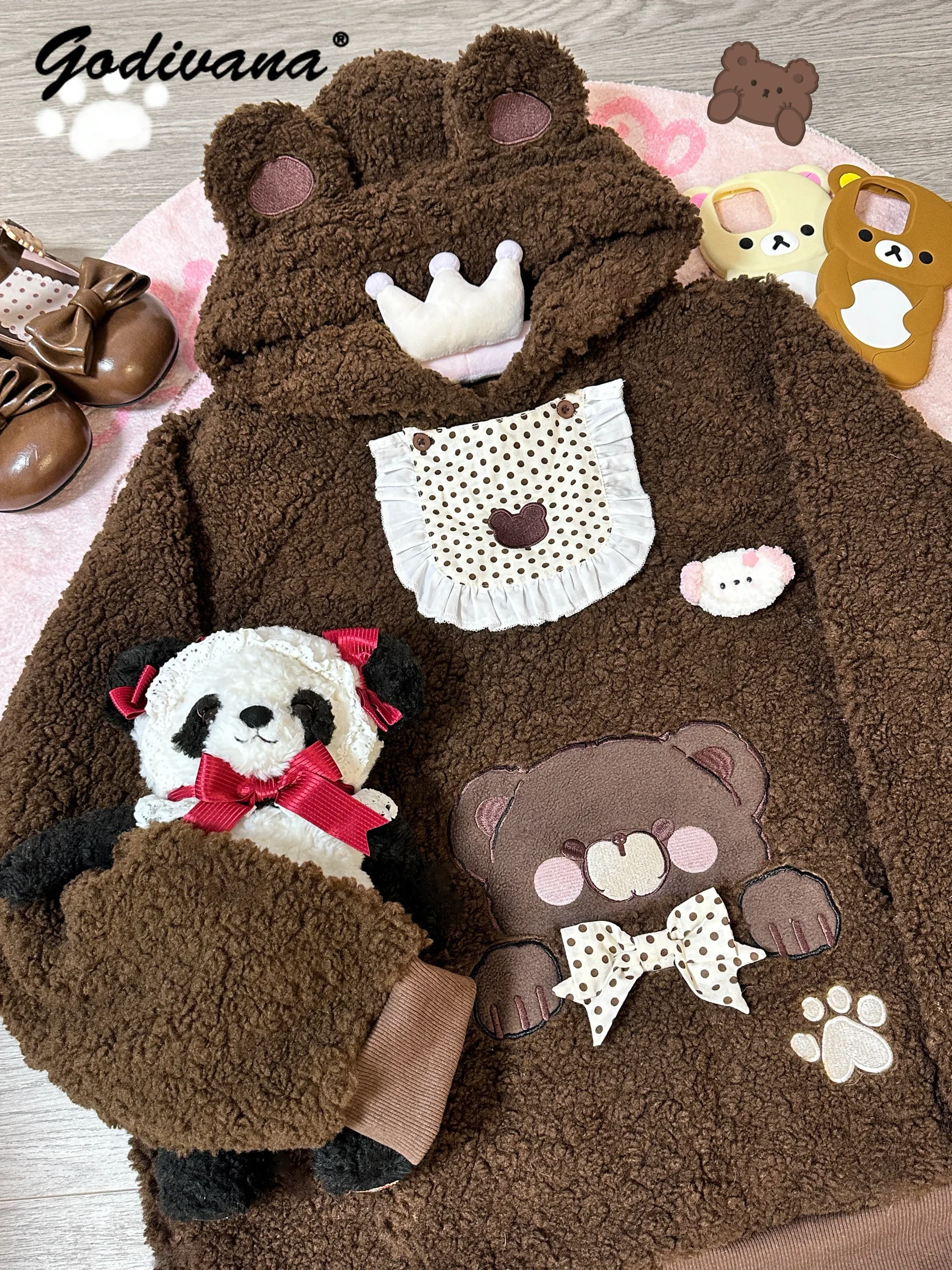 Original Girls Bear Ear Soft Cute Lamb Wool Saliva Towel Bag Autumn and Winter Sweatshirt Women's Warm Fleece Hoodie Coat