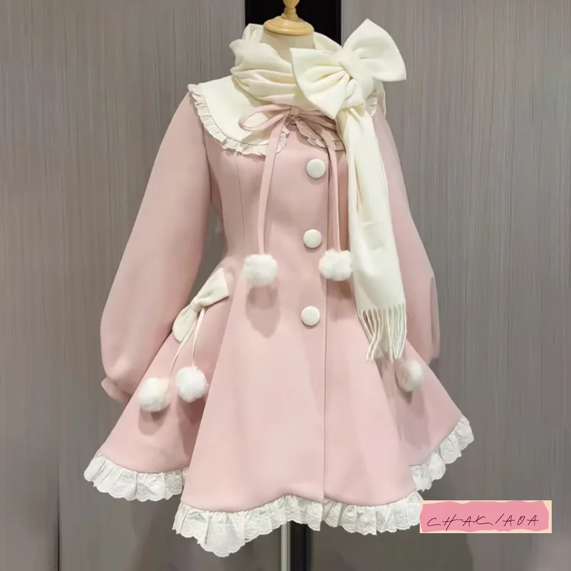 

Японское зимнее милое шерстяное пальто женское Lol с рюшами по краям и кожаным воротником, тонкий кружевной ремешок, однобортный шарф с бантом, куртка, пальто