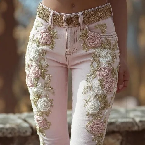 Women Flared Jeans Pink Floral Embroidered Denim Pants Slim Fit Mid Waist Denim Jeans Vintage Princess Style Jeans Pants Pastel