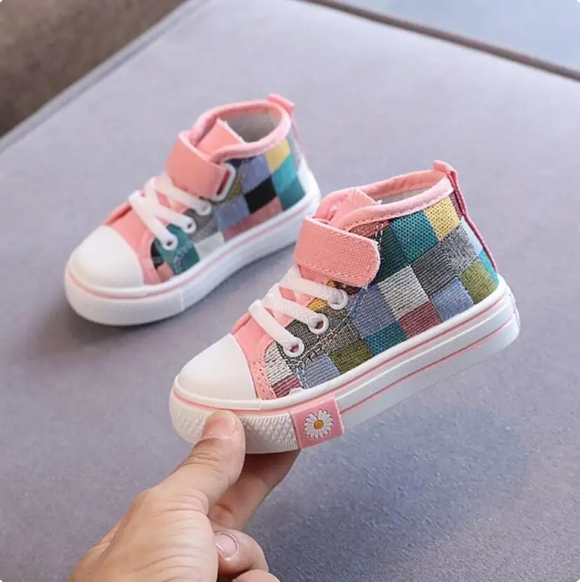 

2023 Children Sneakers Kids Casual Shoes Boys Girls Canvas Shoes High Top Checkered Lattice Fashion Breathable Soft Spring