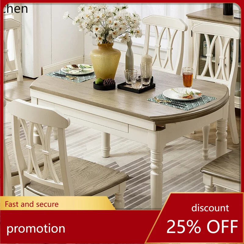 HT dining table and chair combination telescopic folding deformable round table oval dining table Mediterranean
