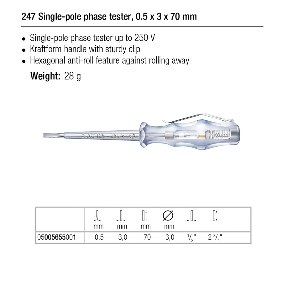 WERA 05005655001 Voltage Tester 247 Unipolar Measuring Pen with Sturdy Clip Anti Rolling Protection Convenient Hand Tools