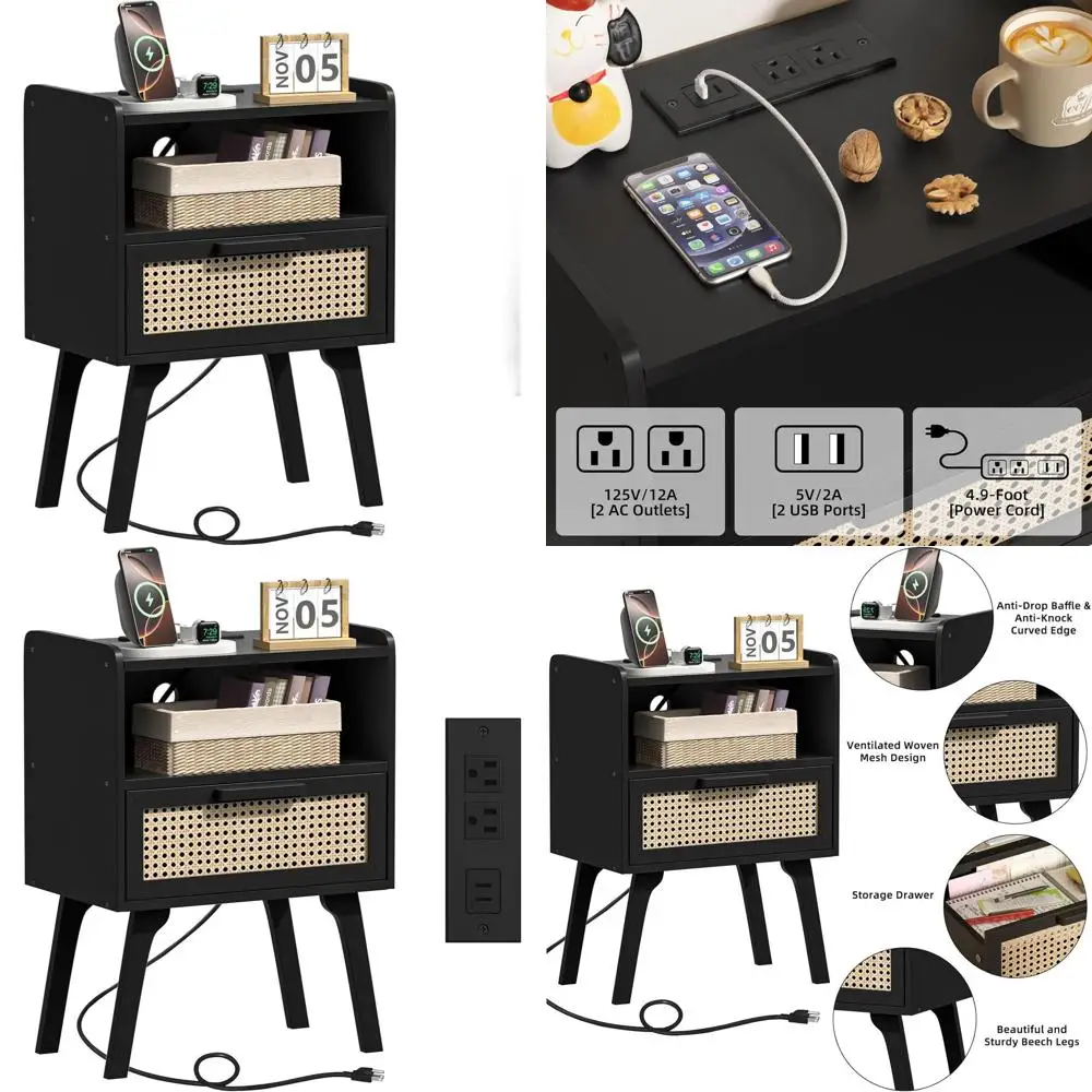 

Прикроватная тумбочка из черного ротанга с зарядной станцией и выдвижным ящиком, приставной столик на ножках из массива дерева для спален и небольших помещений