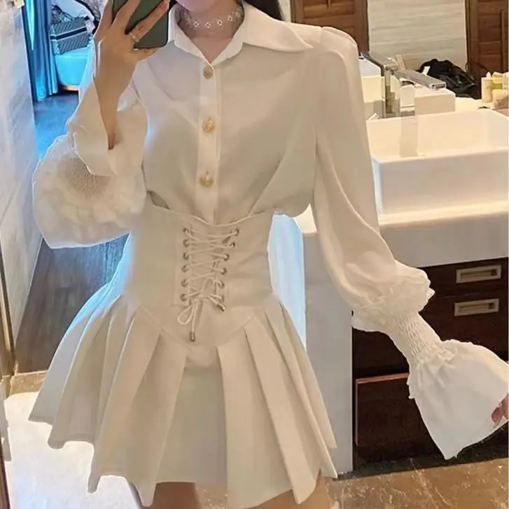Spring and Summer Design Sense Women's High Waisted Pleated Skirt College Style A-Line Spicy Girl Strap Versatile Short Skirt