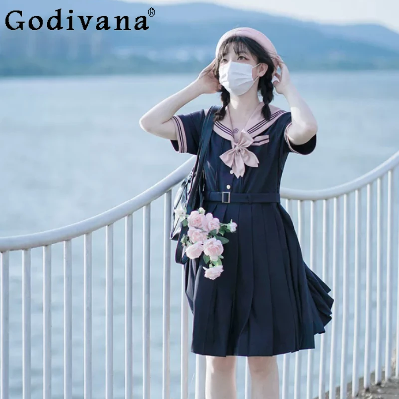 

Summer New Sweet Navy Collar Japanese Short Sleeve Dress Fashion High Waist A-line Versatile Age-reducing College Dress Girl