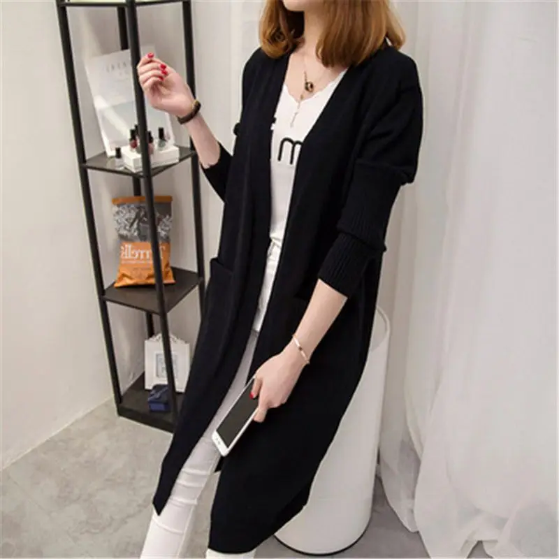 Mid to Long Length Sweater Jacket Women\'s Knitted Sweater Cardigan Spring and Autumn New Style Korean Loose Solid Color Top