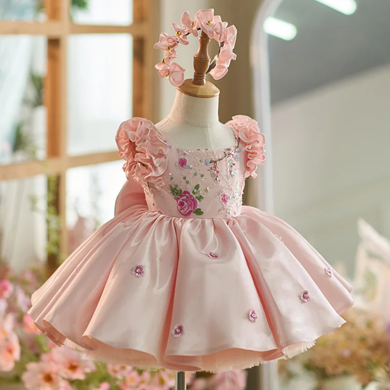 Children's evening dress new embroidered sleeveless small flying sleeves satin puffy girl princess dress + hair accessories