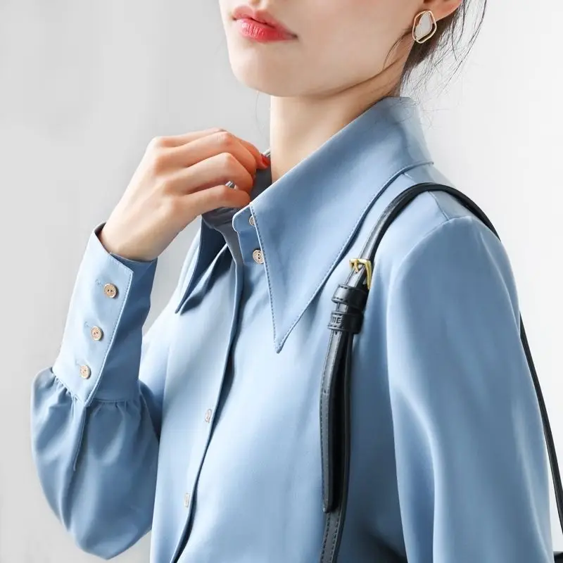 Spring and Autumn Women\'s Solid Pointed Collar Long Sleeve Single Breasted Satin Shirt Fashion Casual Formal Office Lady Tops