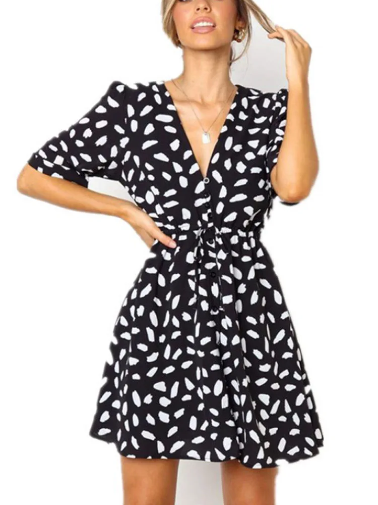 Białe piaskowe plamy Mini letnie sukienki damskie V Neck Casual letnia sukienka plażowa seksowna Botton Wrap obcisła sukienka damska