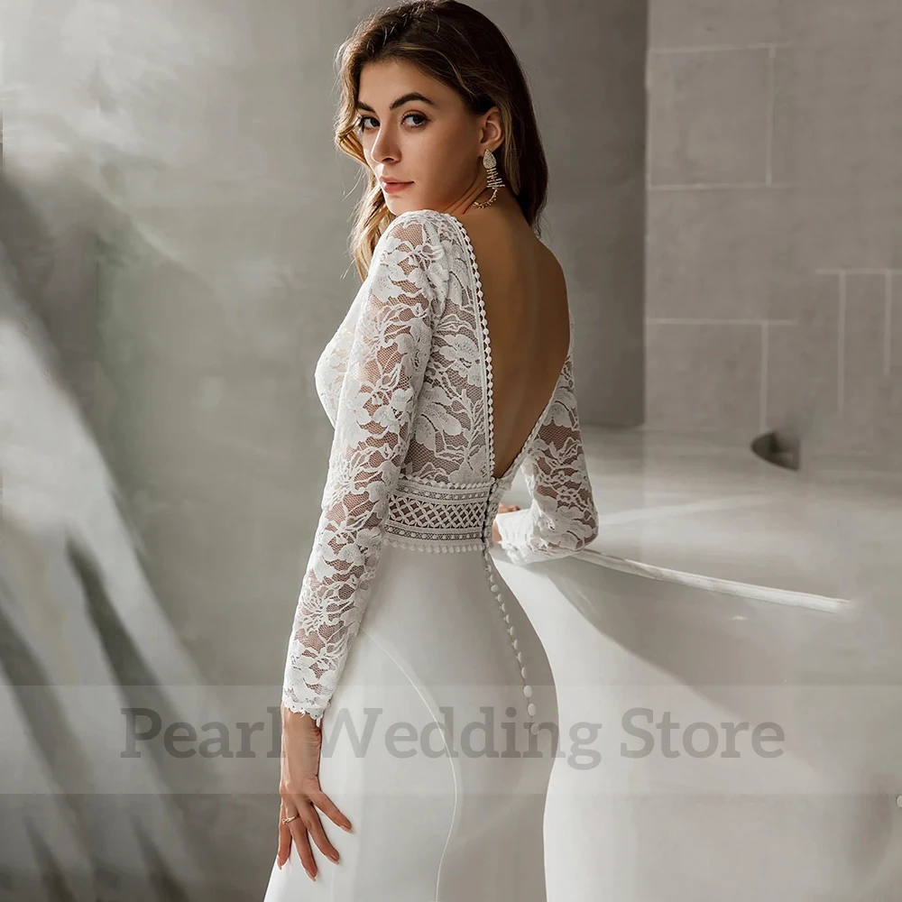 Elegant Lace Jersey Mermaid Wedding Dress Boho V-Neck Long Sleeve Sexy Open Back Floor Length Bridal Sweep Train Bride Gowns