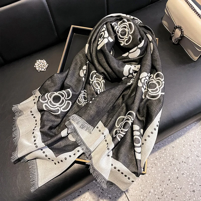 

2026 Women Cotton Blend Scarf Camellia Print Thick Warm Korean Fringe Shawl Winter Office Daily Travel Wrap Accessory Scarves
