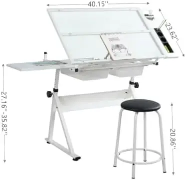 Adjustable Tempered Glass Drafting Printing Table with Chair (White)