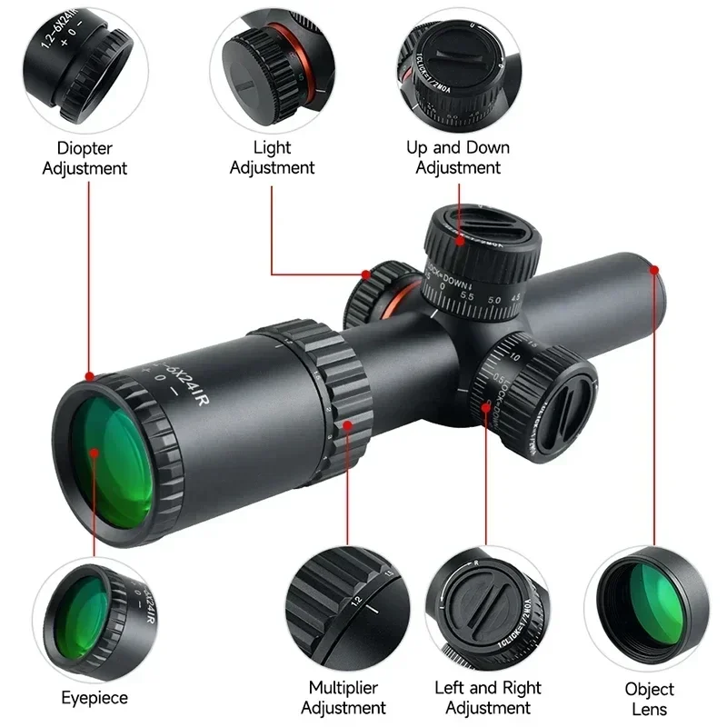 Optics Telescope 1.2-6x24 FFP/SFP Red/Green Illuminated 1/2 MOA Hunting CQB Riflescope 223 AR15